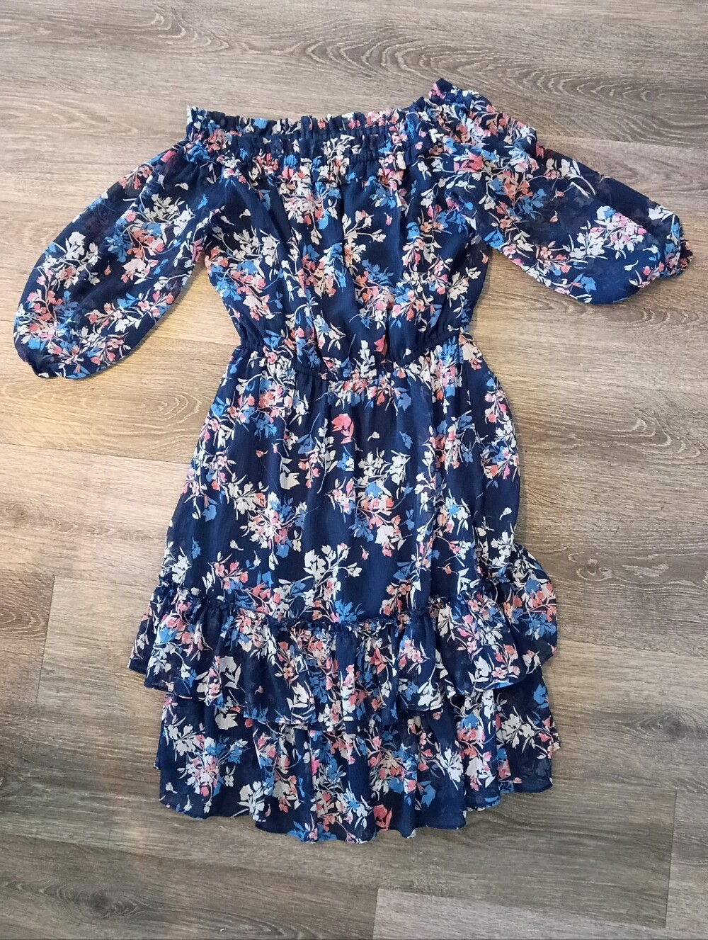 Westport Navy Floral Off-Shoulder Ruffle Hem Dress